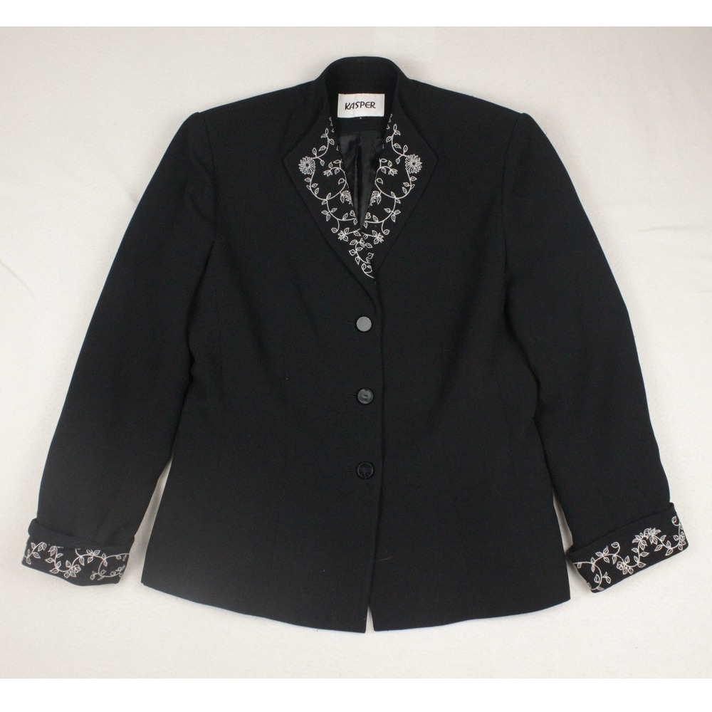 Vintage Kasper Career Blazer Women 8 Black White Embroidered Collar Cuffs 90s